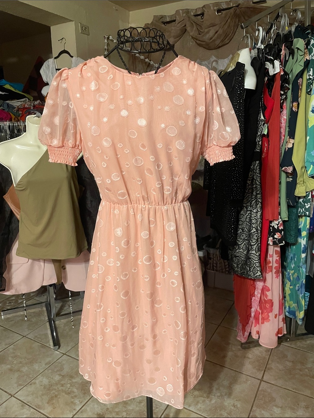 Soft Blush Pink Midi Dress with Puff Sleeves